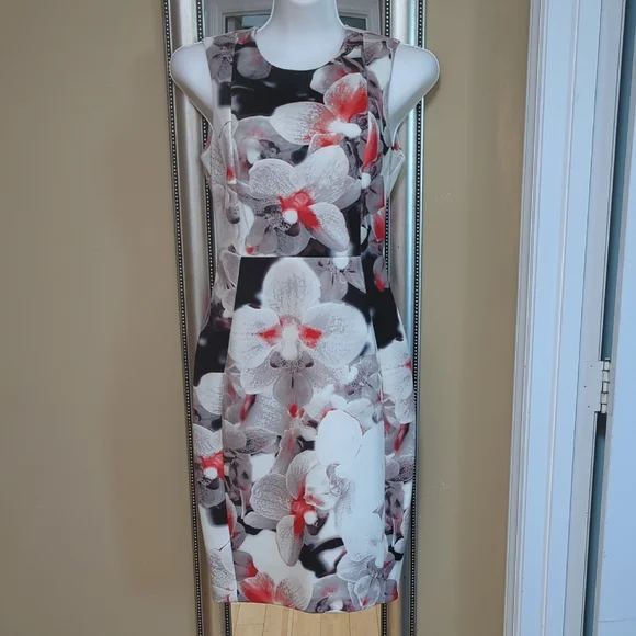 calvin klein black dress with red flowers Calvin Klein Red Black Floral Rose Puffy Short Sleeve Scuba Sheath Dress